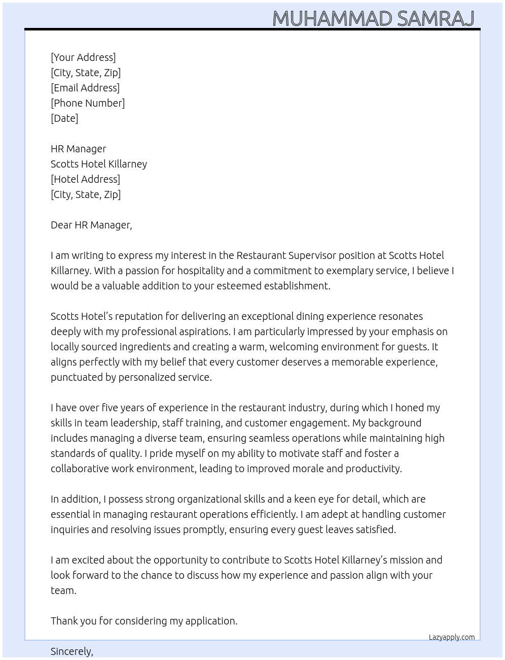 Cover letter for restaurant supervisor - LazyApply