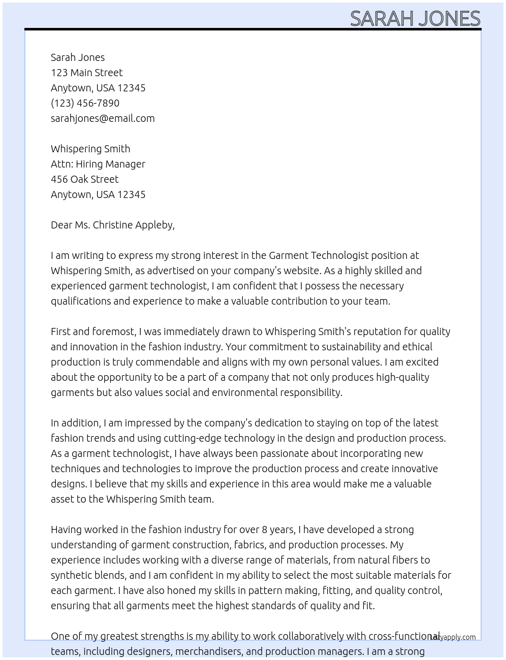 Garment Technologist At Whispering Smith Cover Letter