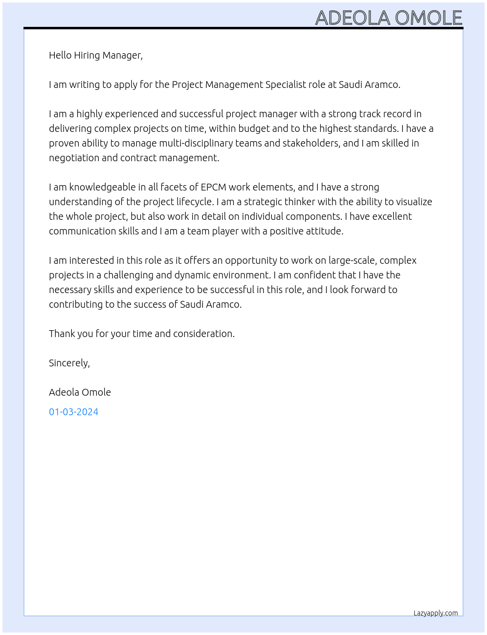 Project Management Specialist At Saudi Aramco Cover Letter