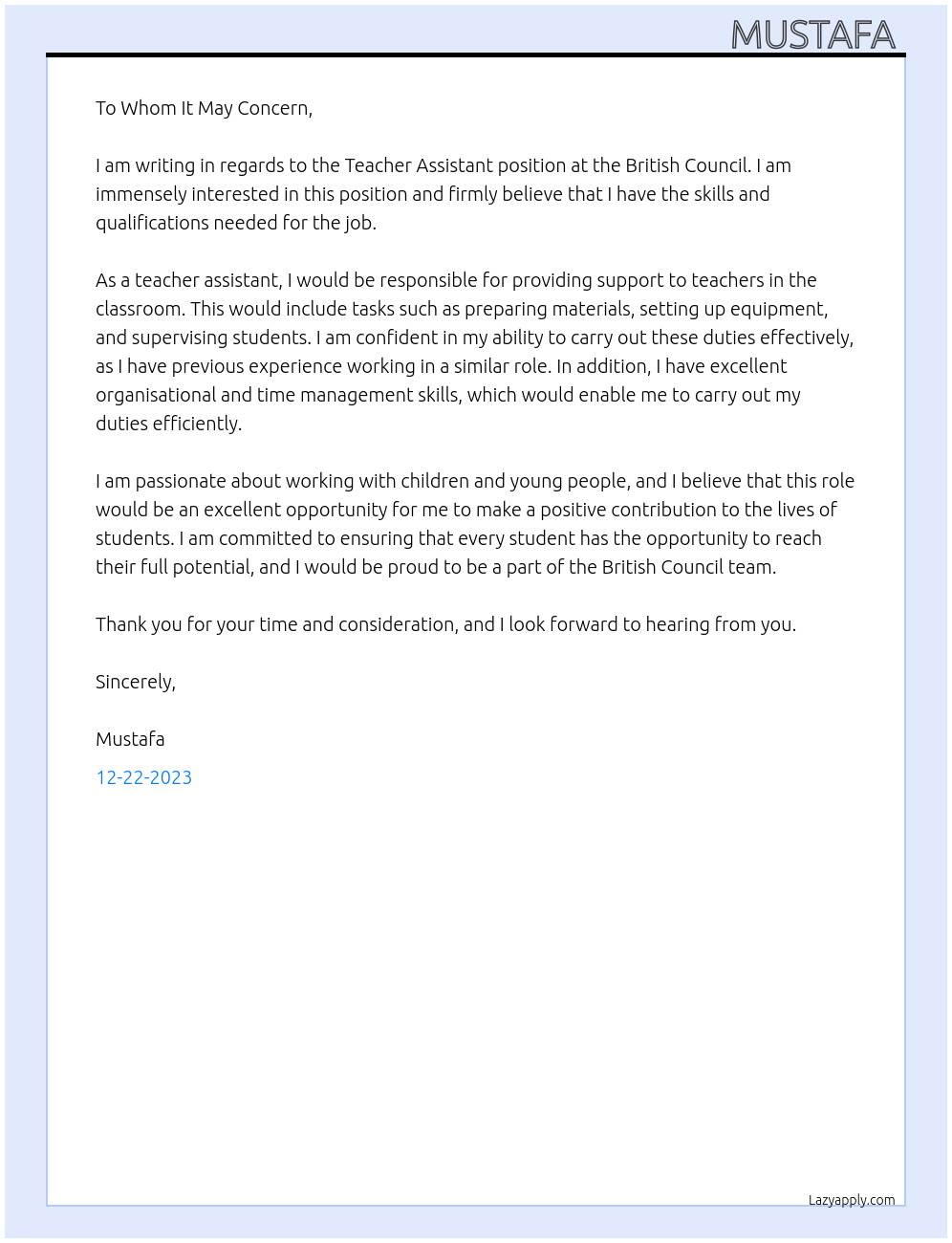 Teacher assistant  At British council Cover Letter