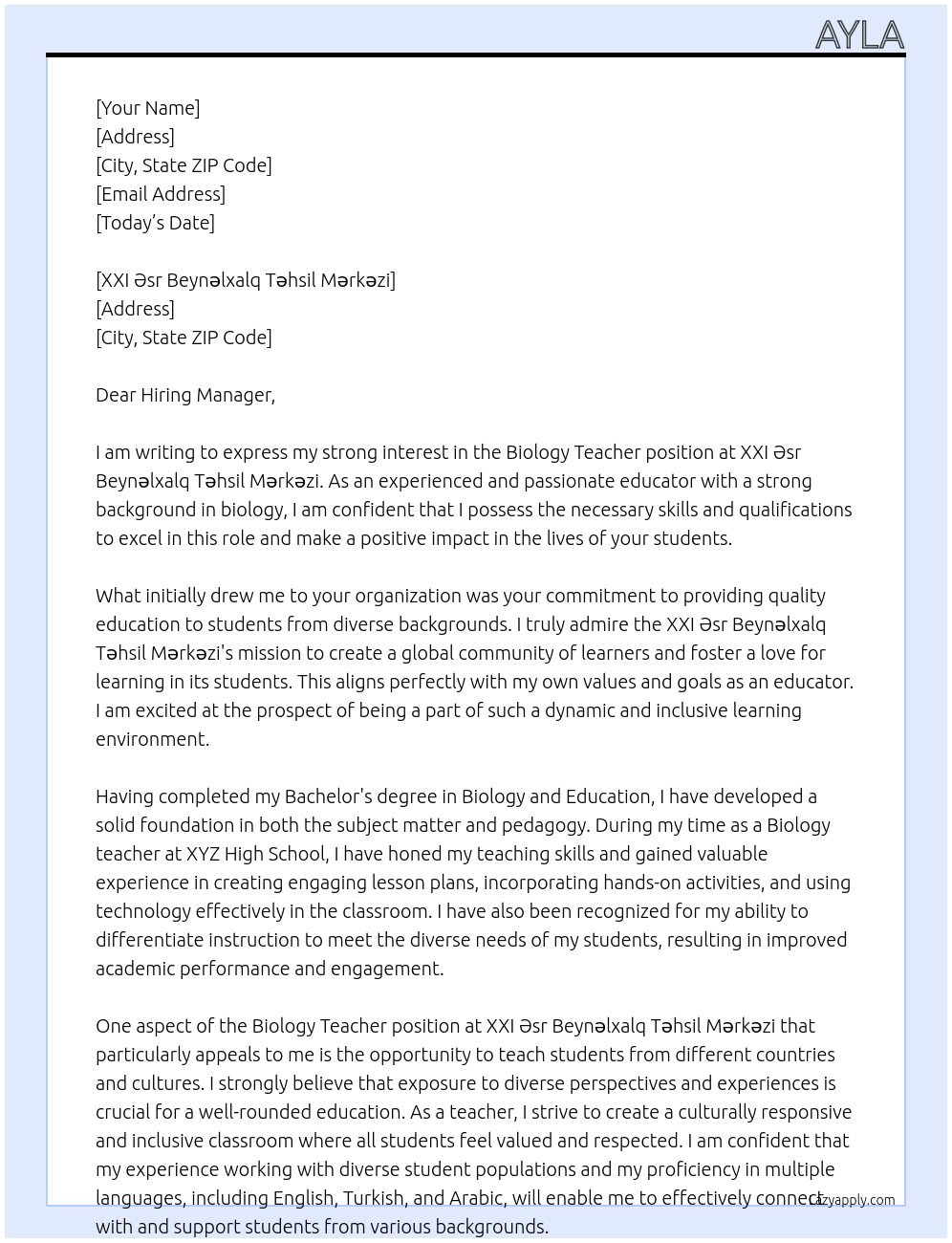 Biology Teacher At XXI Əsr Beynəlxalq Təhsil Mərkəzi Cover Letter
