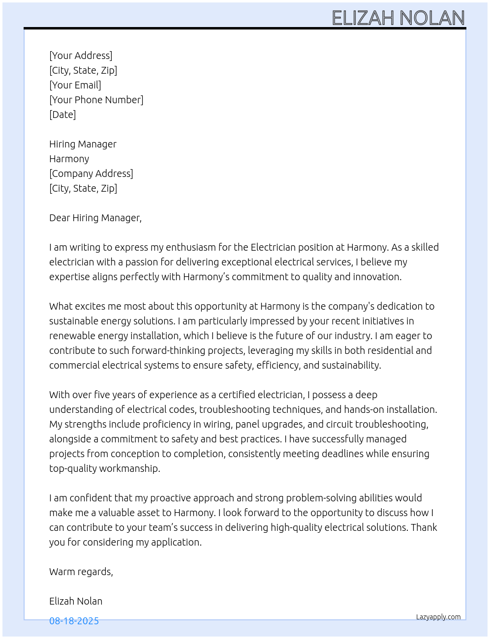 Electrician At Harmony Cover Letter