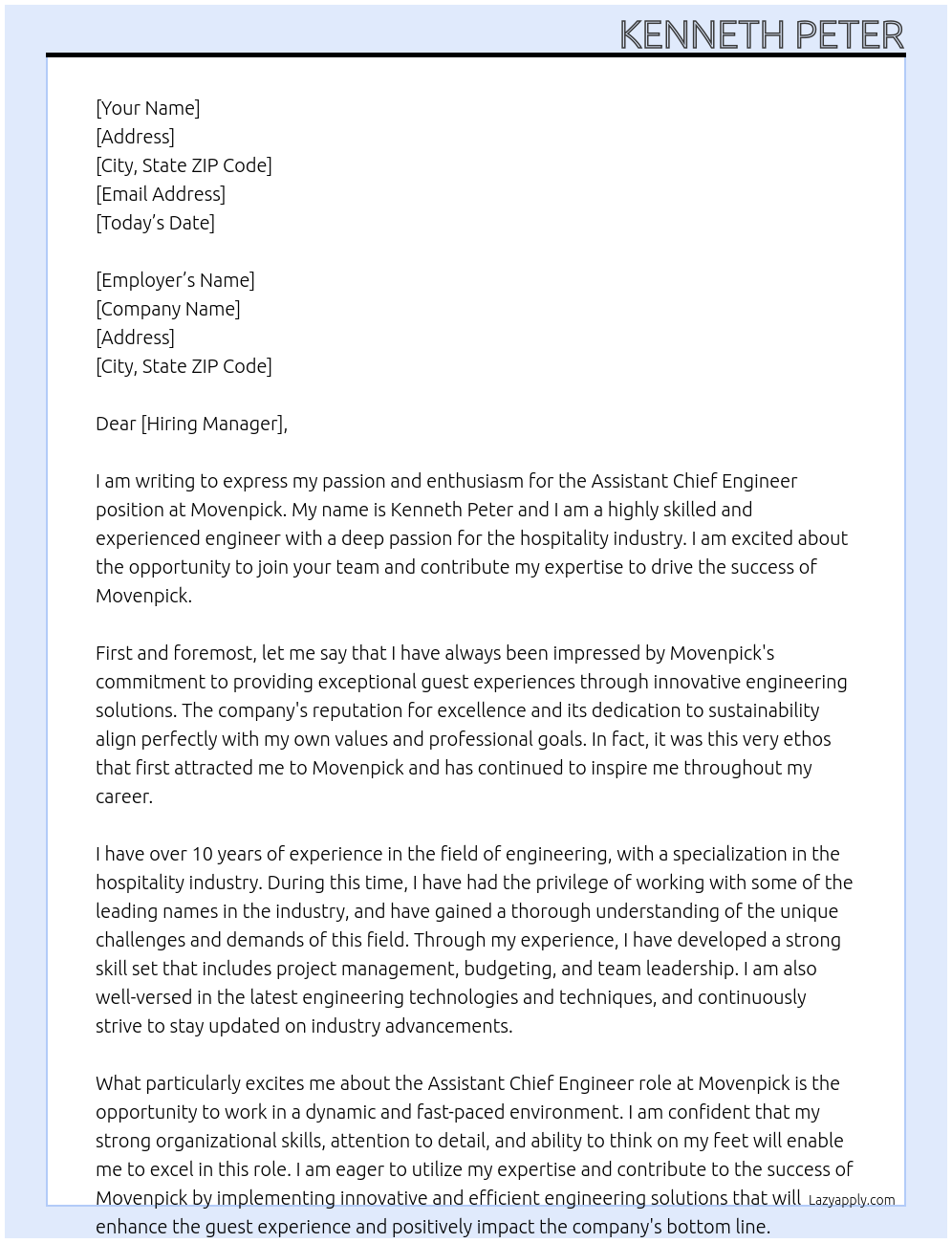 Assistant Chief Engineer At movenpick Cover Letter