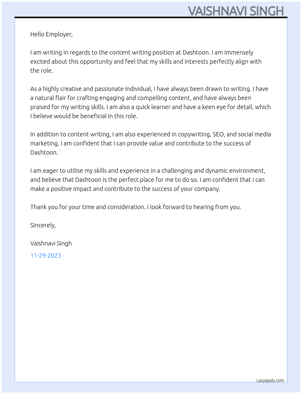 Content writing At Dashtoon Cover Letter