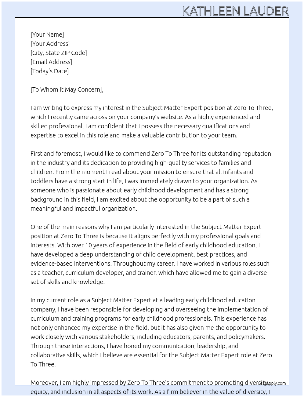 Subject Matter Expert At Zero To Three Cover Letter