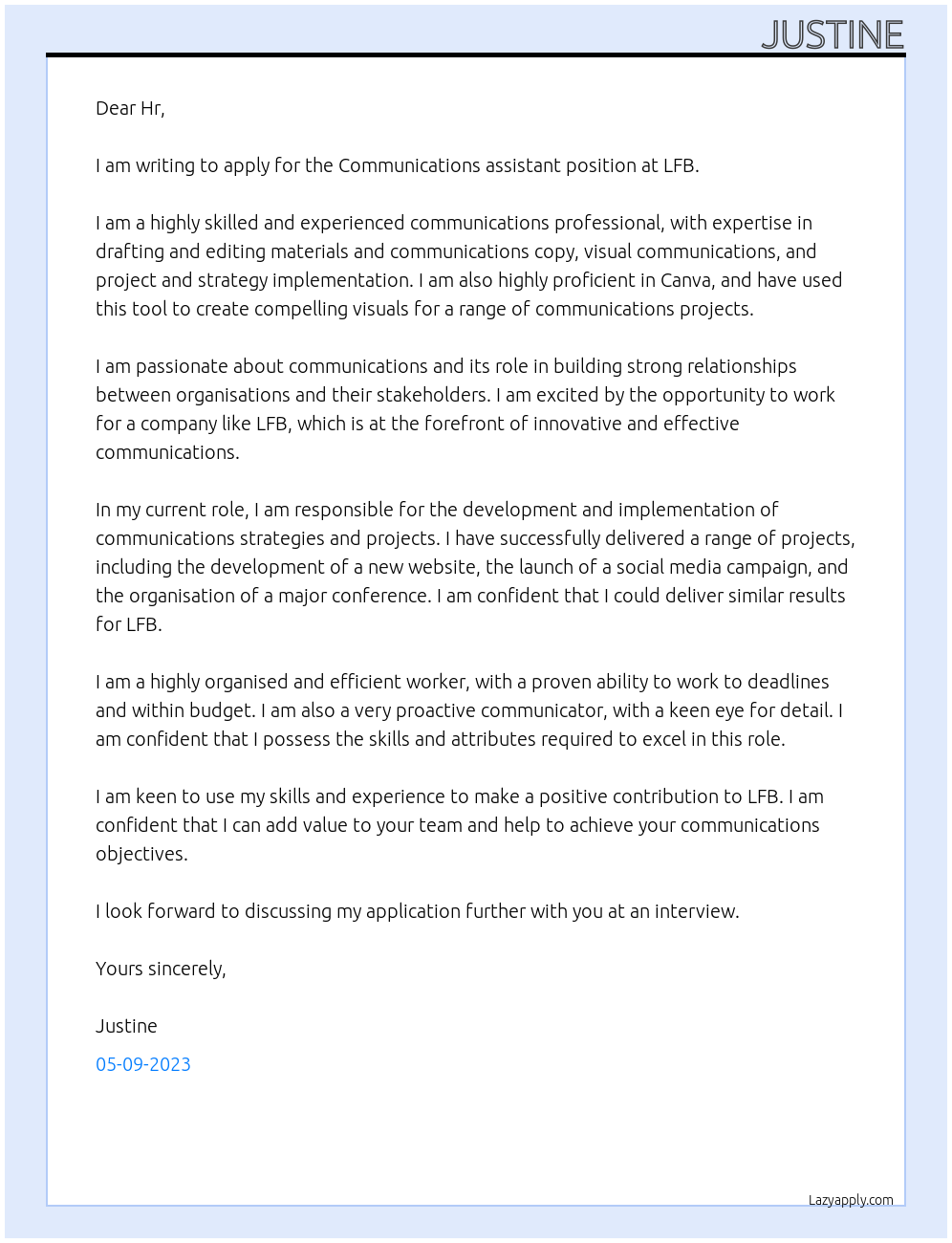 Communications assistant At LFB Cover Letter