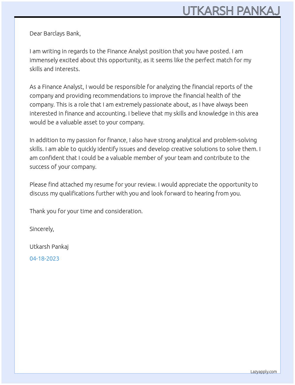 Finance Analyst At NA Cover Letter