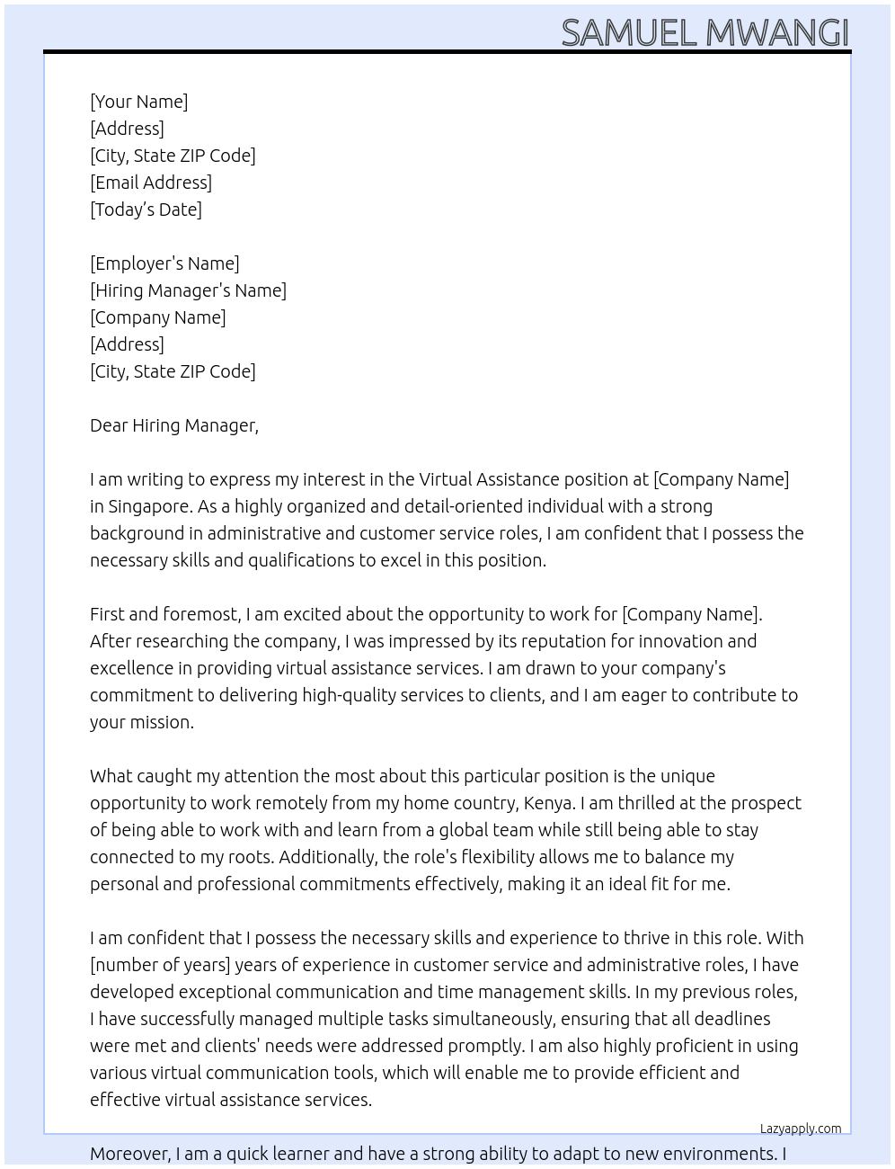 virtual assistance At singapore Cover Letter