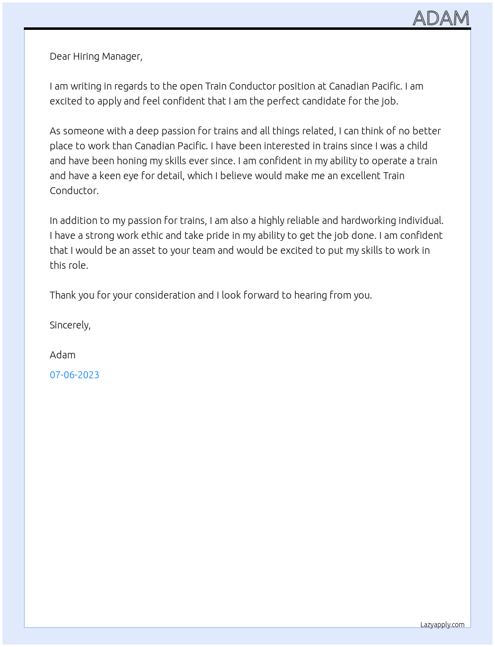 Train Conductor At Canadian Pacific Cover Letter