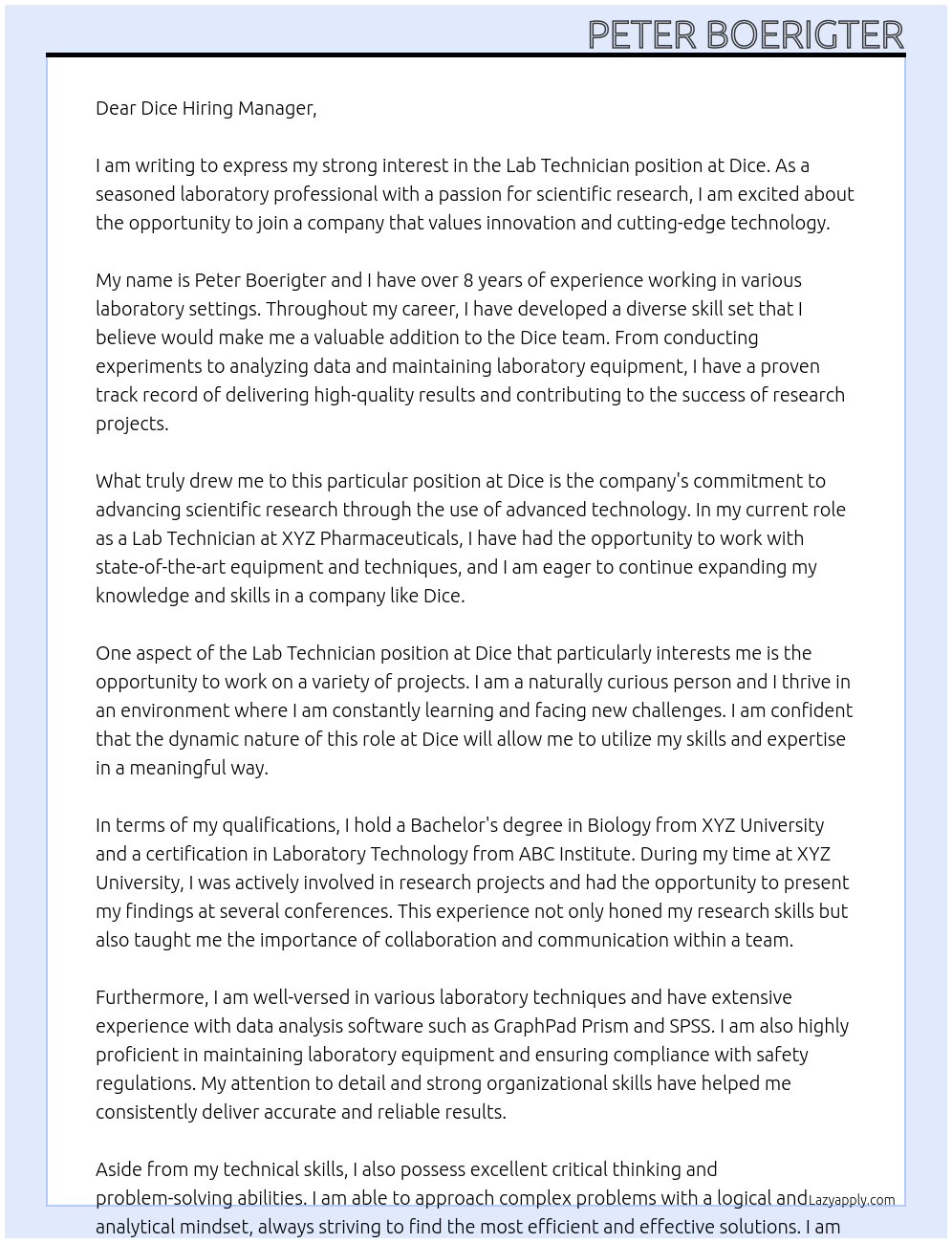Lab Technician At Dice Cover Letter