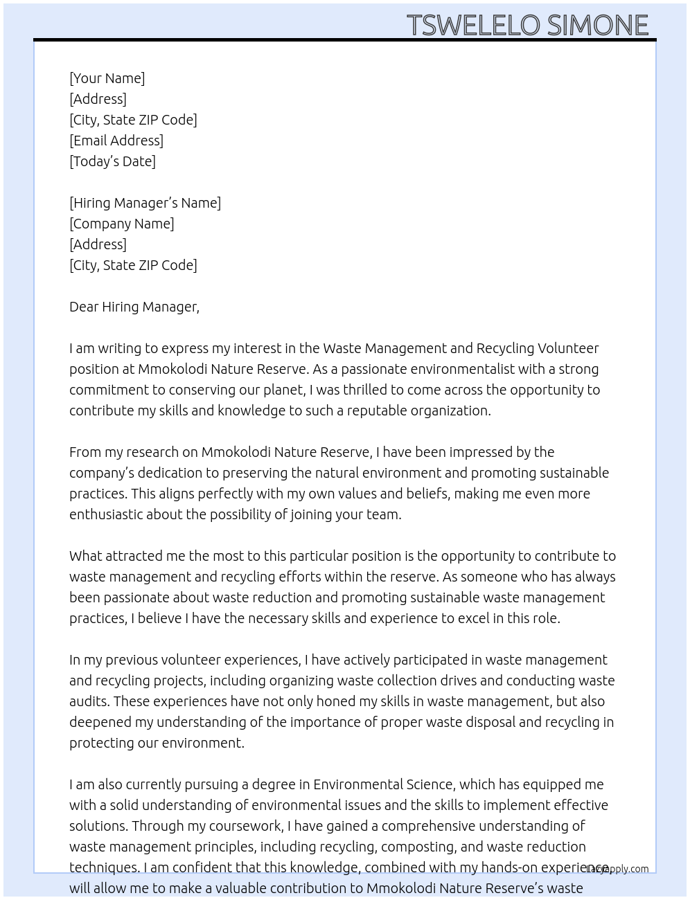 Waste Management and Recycling Volunteer At Mmokolodi Nature Reserve Cover Letter