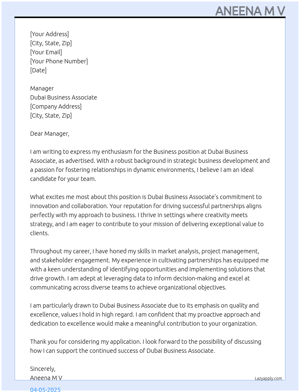 Cover letter for business - LazyApply