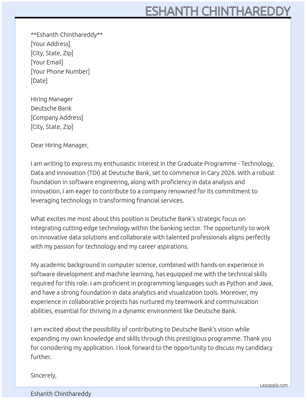 Graduate Programme - Technology, Data and Innovation (TDI) – Cary 2026 At Deutsche Bank Cover Letter