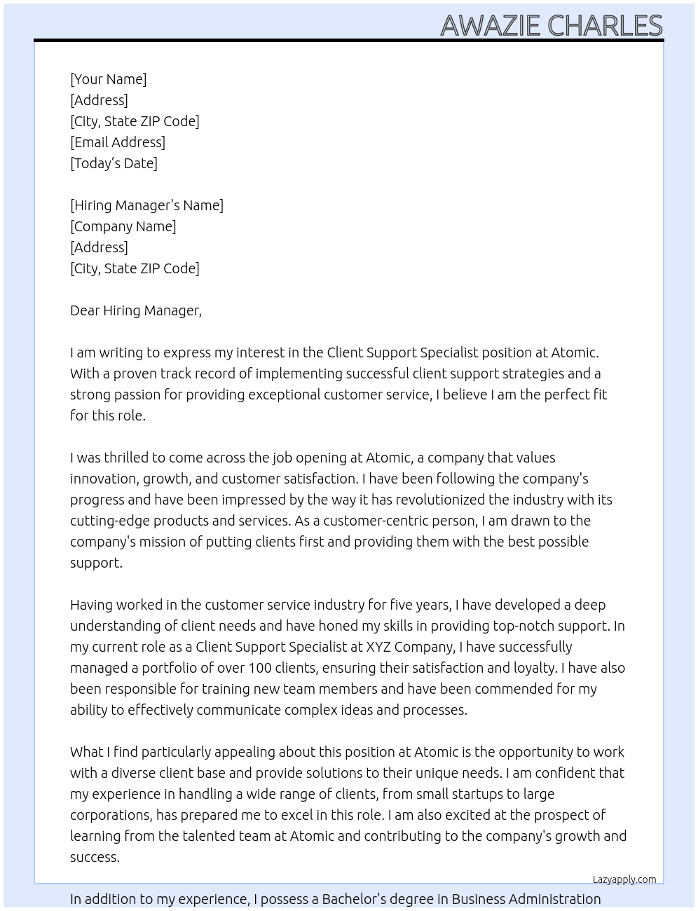 Client Support Specialist At Atomic Cover Letter