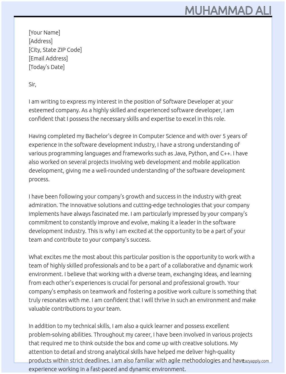 software develpor At Sir Cover Letter