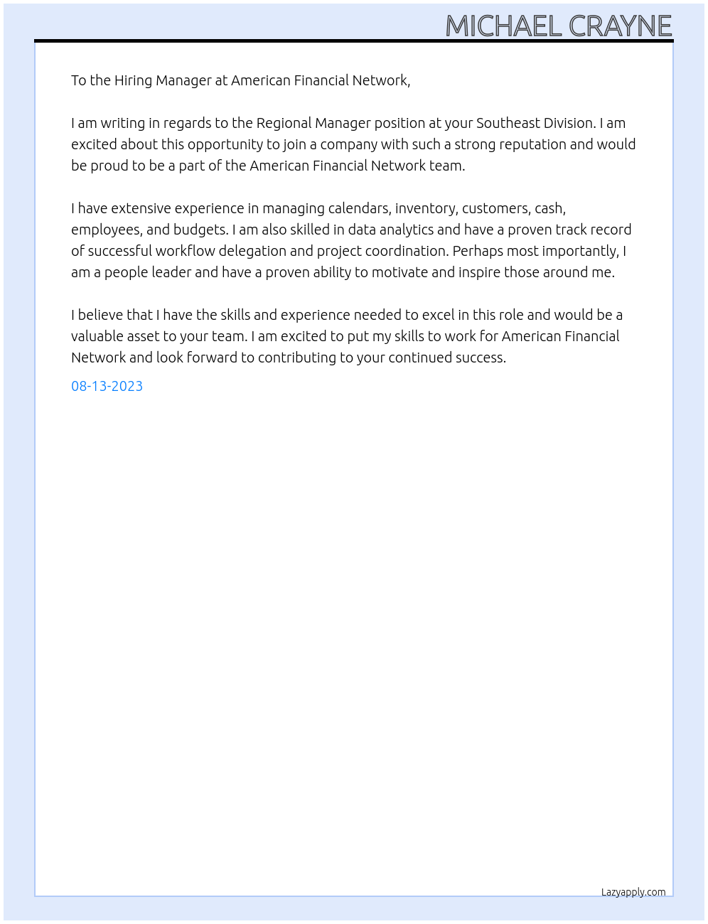 Regional Manager At Southeast Division at American Financial Network Cover Letter