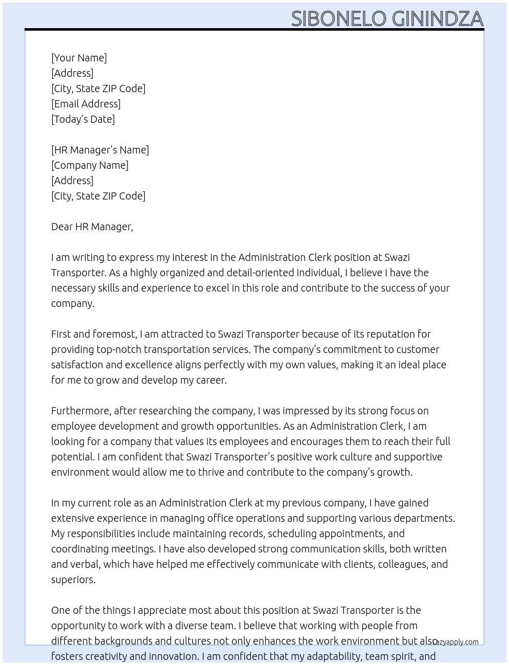 Administration clerk At Swazi transporter Cover Letter