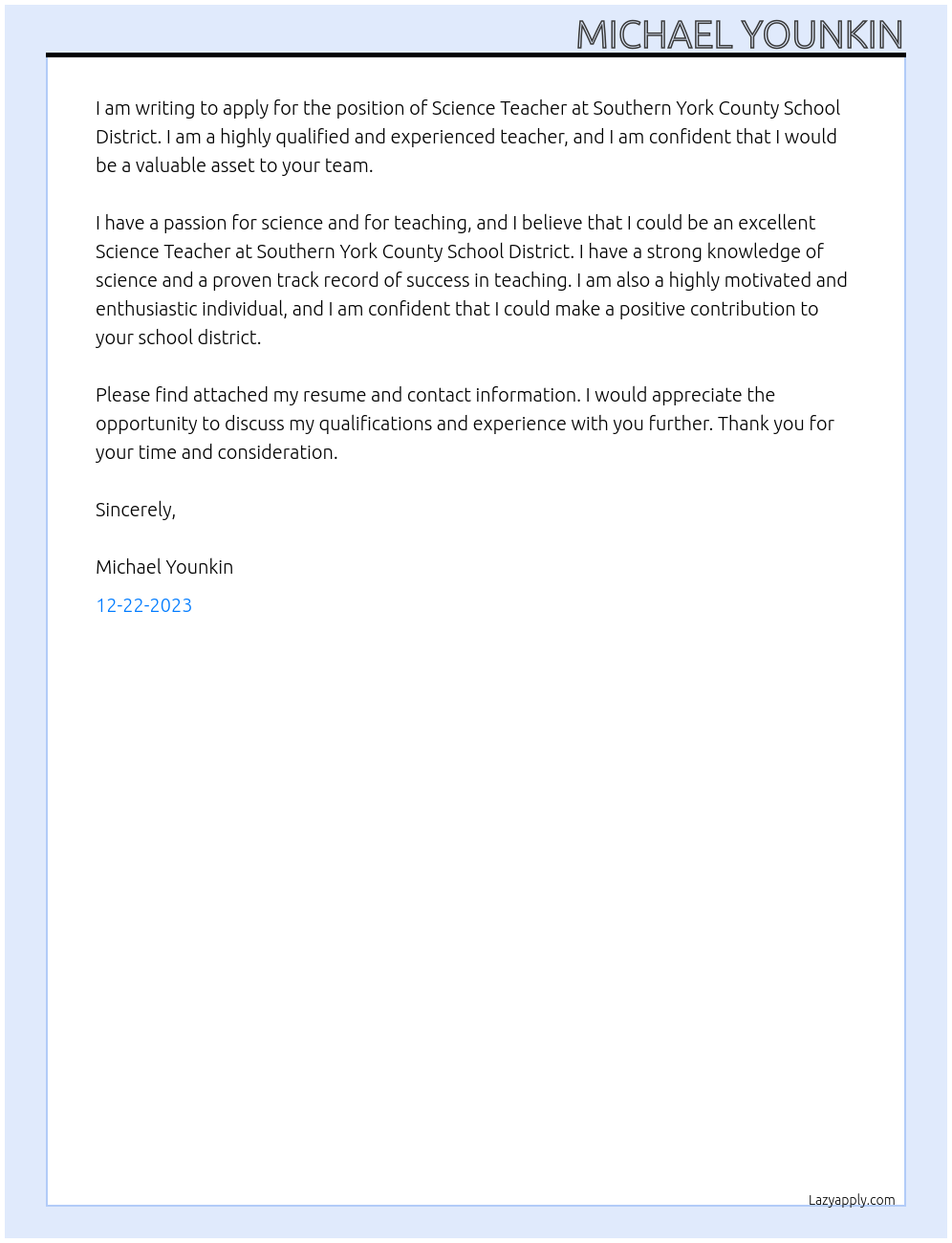 Science Teacher At Southern York County School District Cover Letter