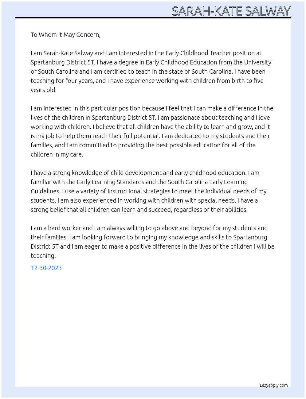 Early Childhood Teacher At Spartanburg District 5T Cover Letter