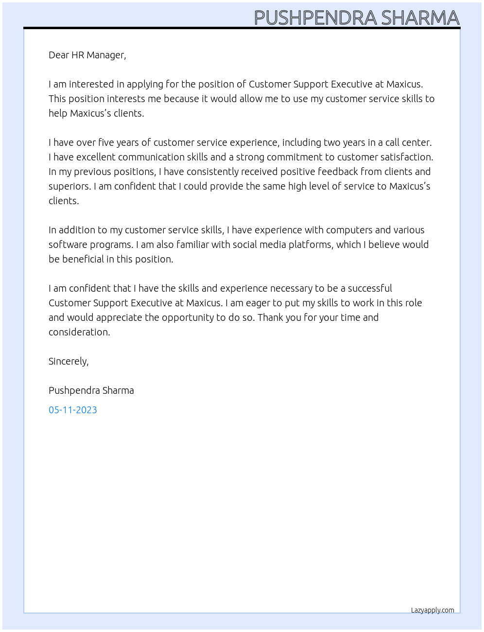 Customer Support Executive At Maxicus Cover Letter