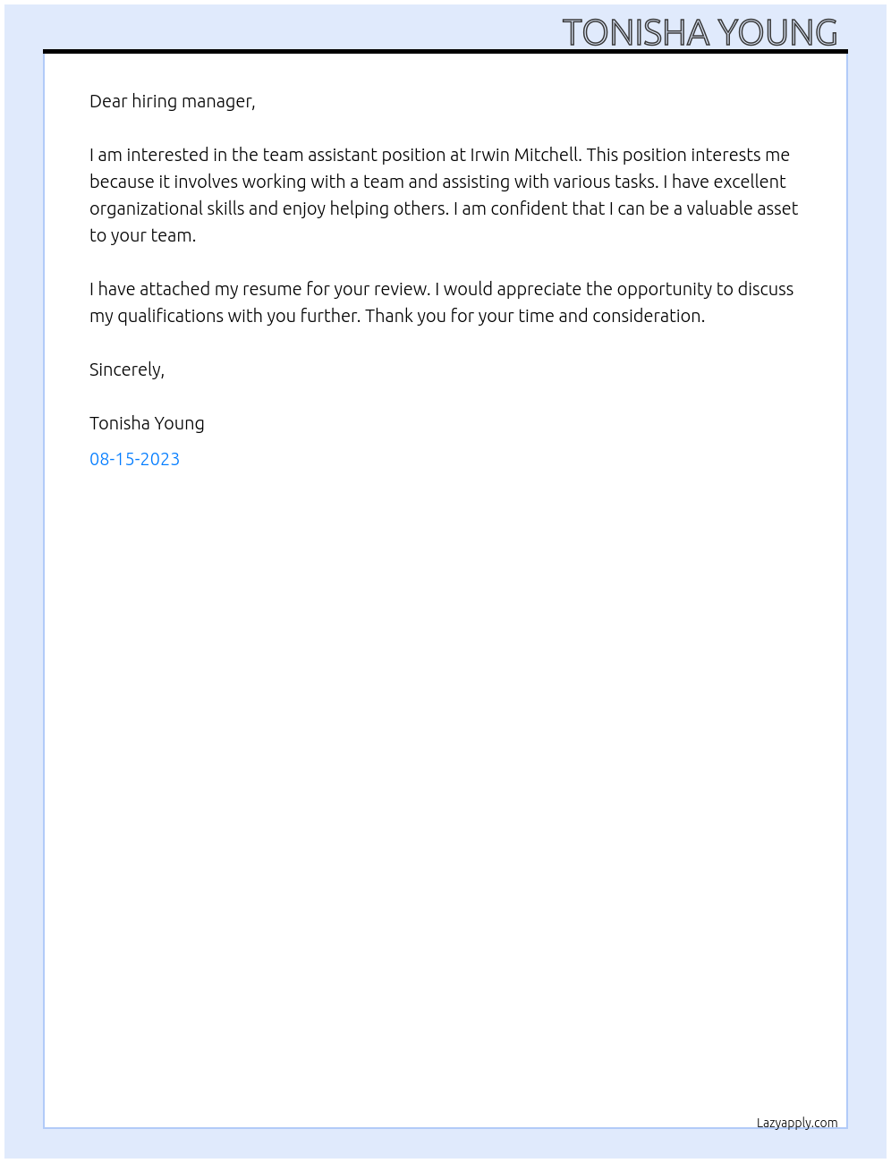 team assistant At Irwin Mitchell Cover Letter