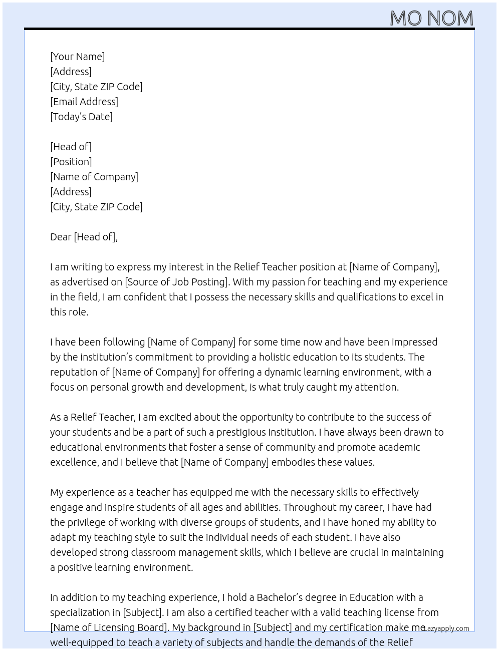 Cover letter for relief teacher - LazyApply