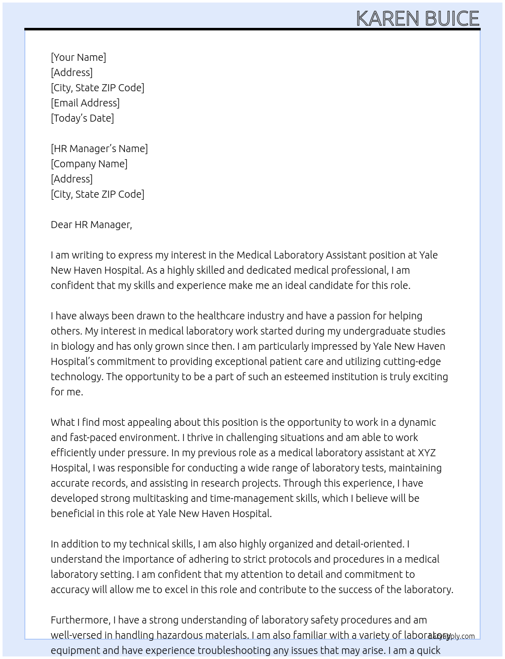 Medical laboratory assistant  At Yale New Haven Hospital   Cover Letter