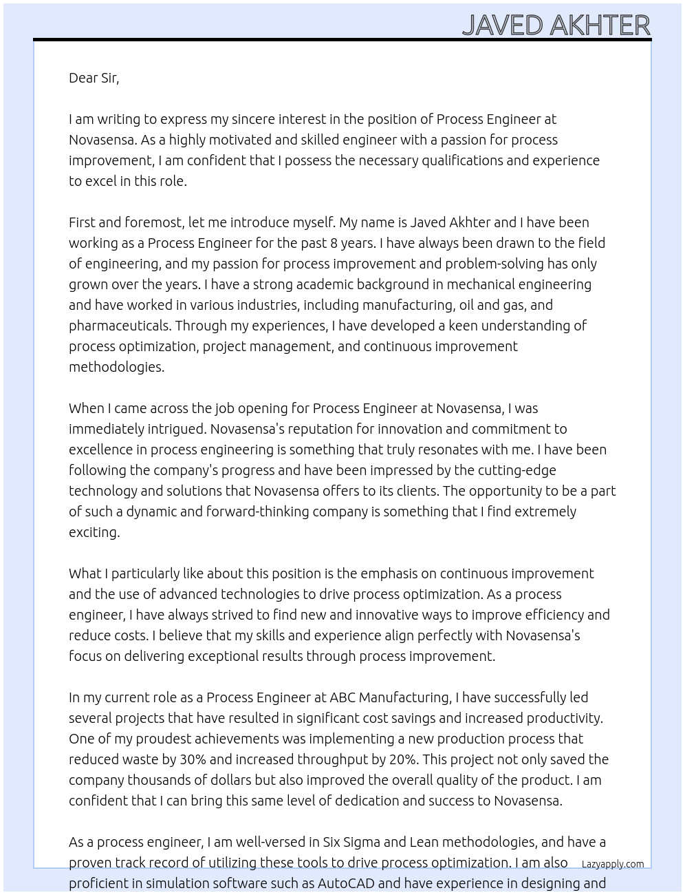 Process engineer At Novasensa Cover Letter