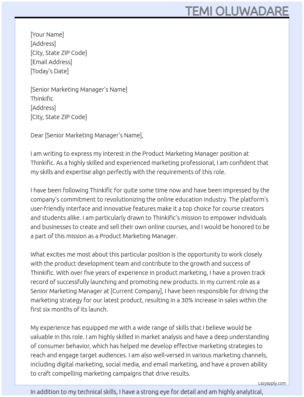 Product Marketing Manager At Thinkific Cover Letter