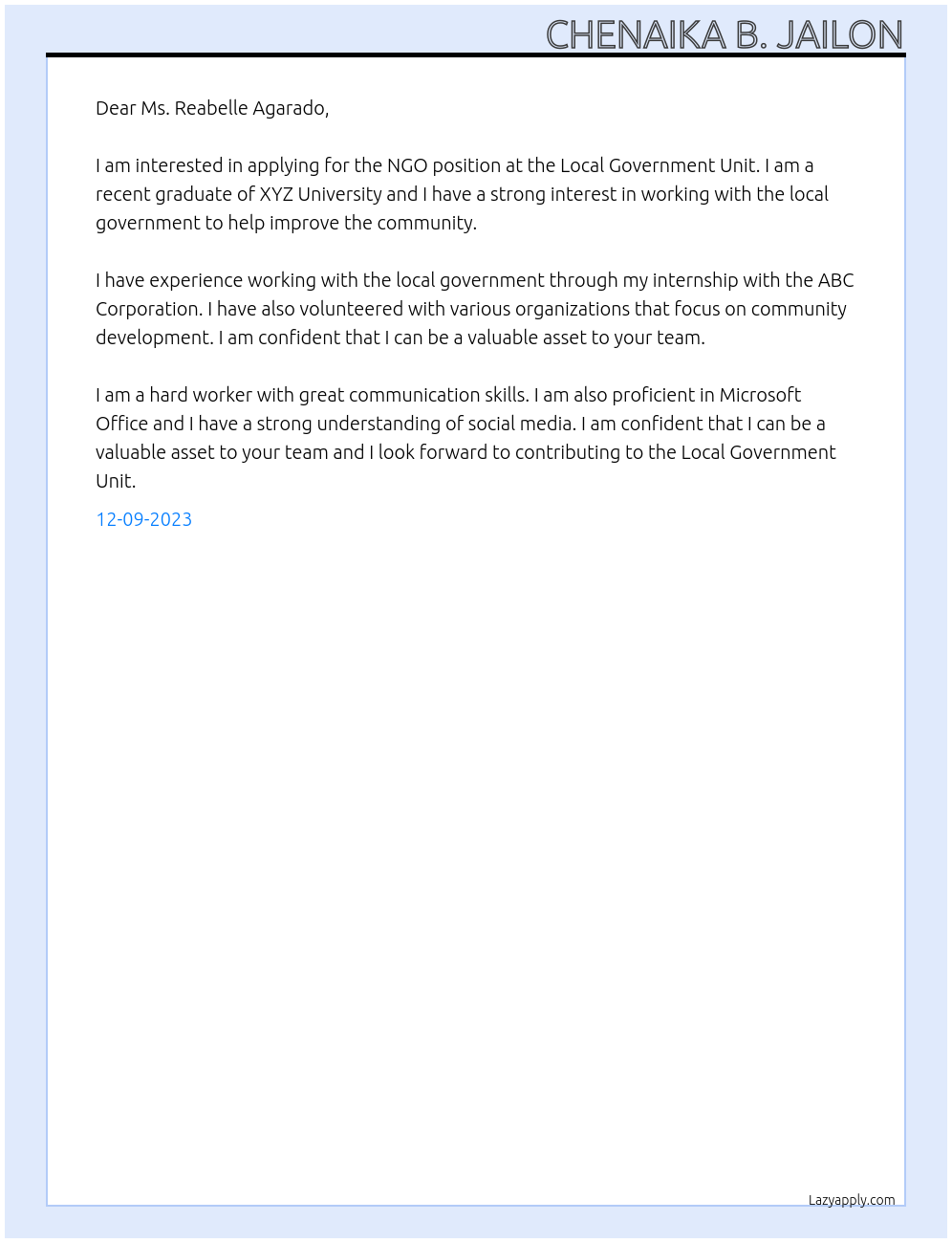 NGO At Local Government Unit  Cover Letter