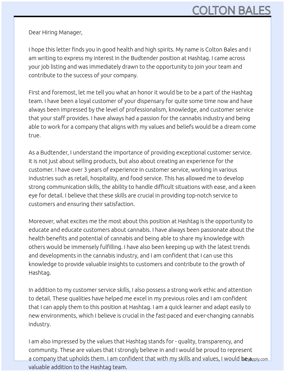 Budtender At Hashtag Cover Letter