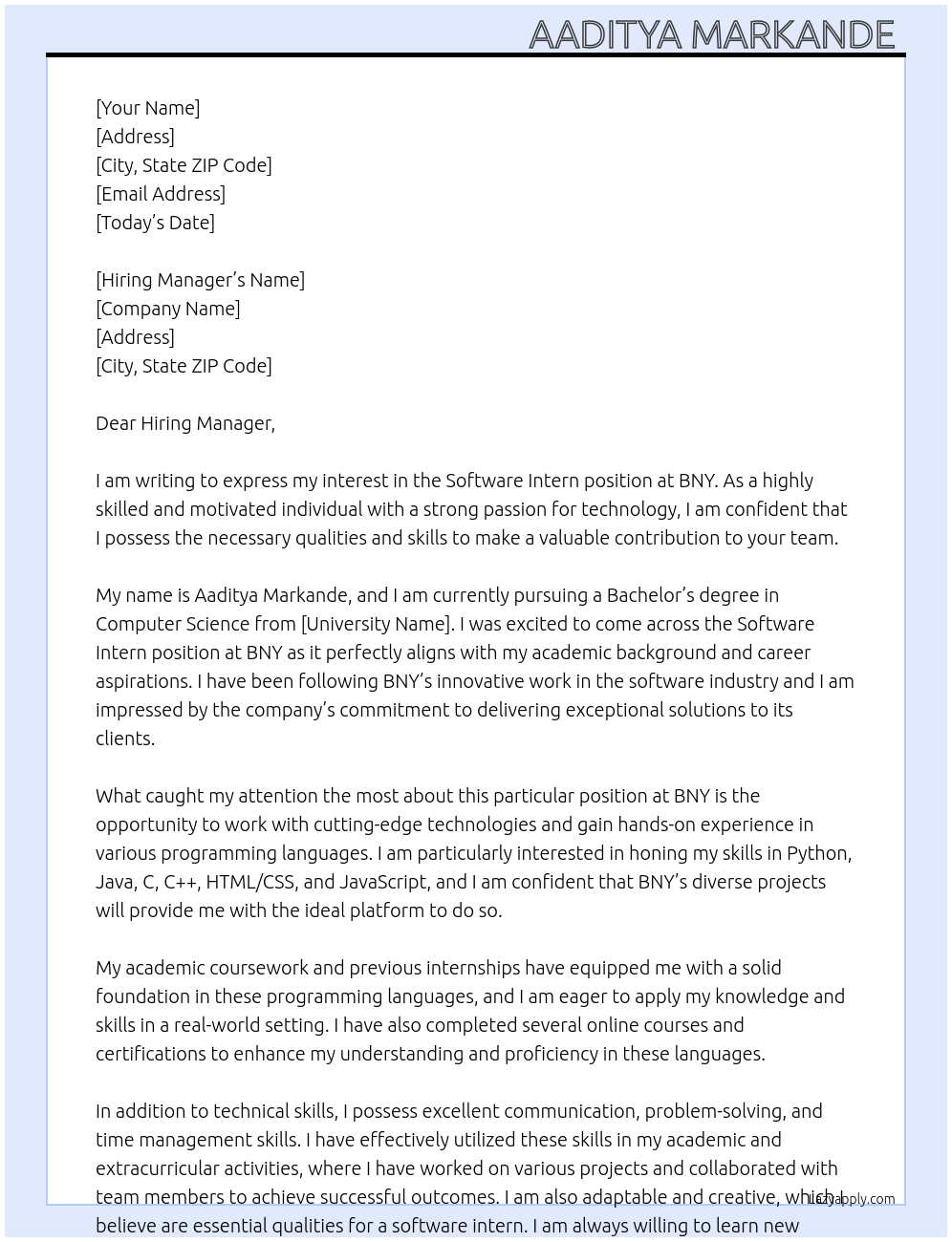 Software intern At BNY Cover Letter