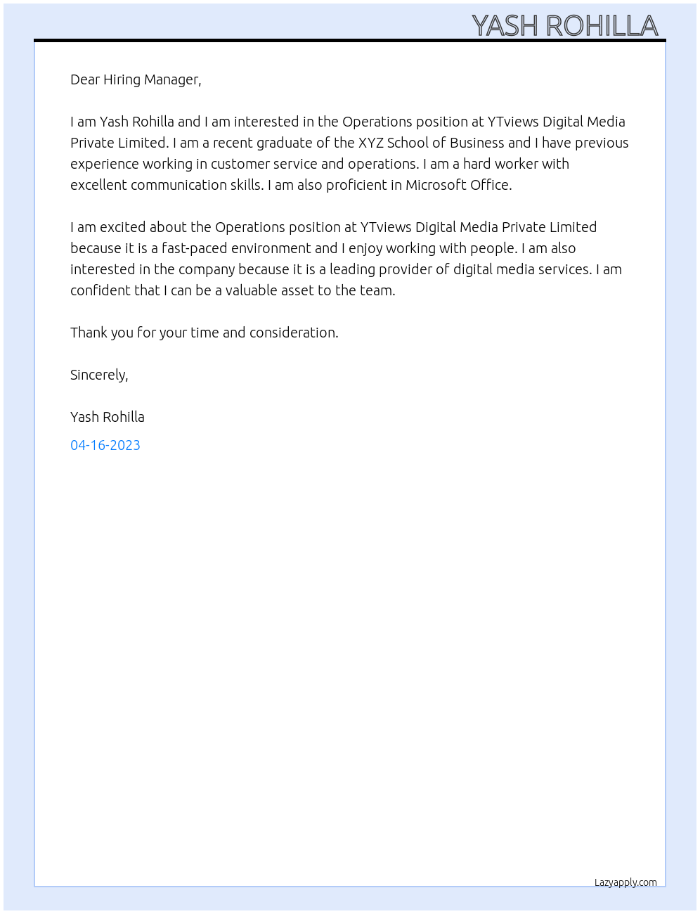 Operation At YTviews Digital Media Private Limited Cover Letter