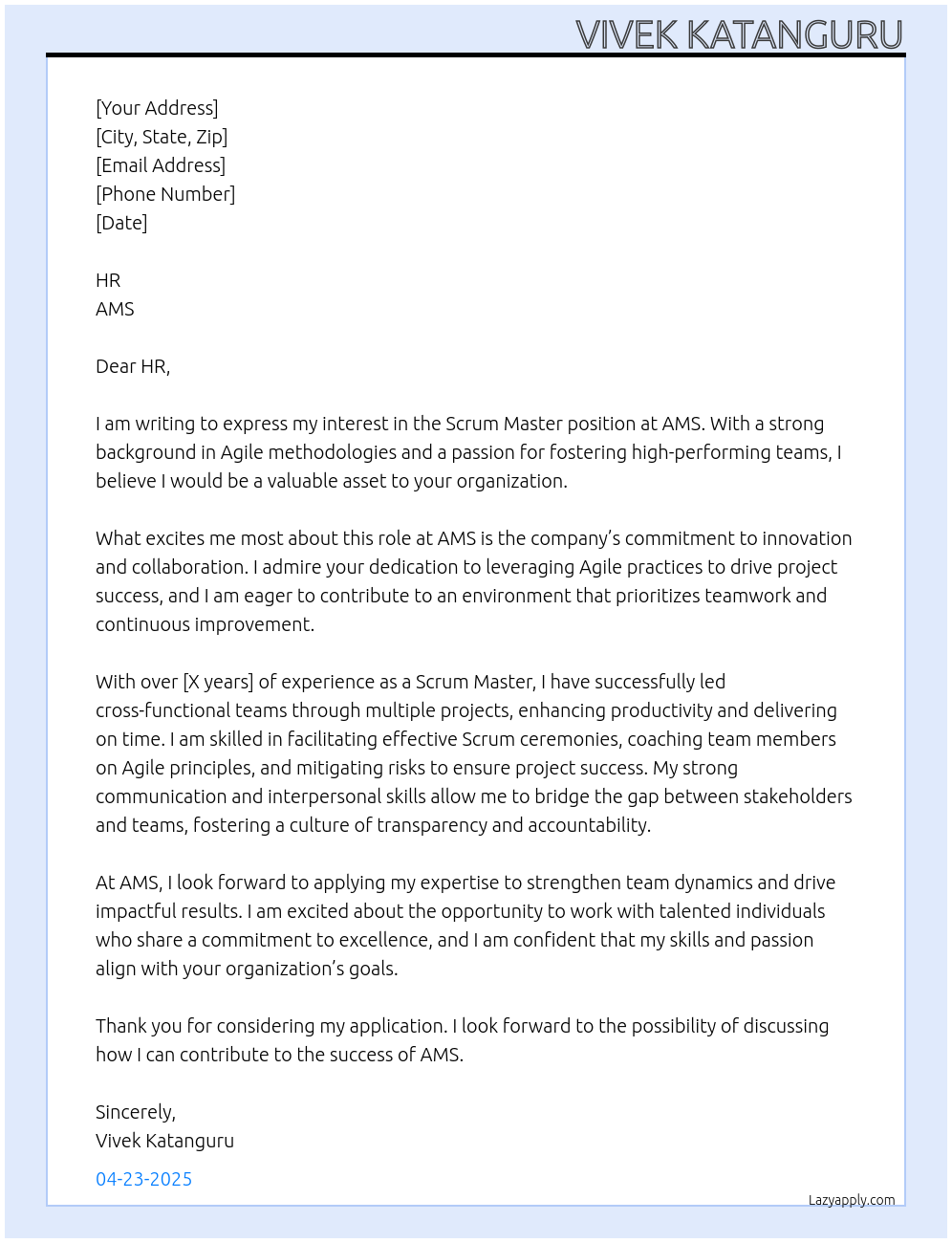 Cover letter for scrummaster - LazyApply