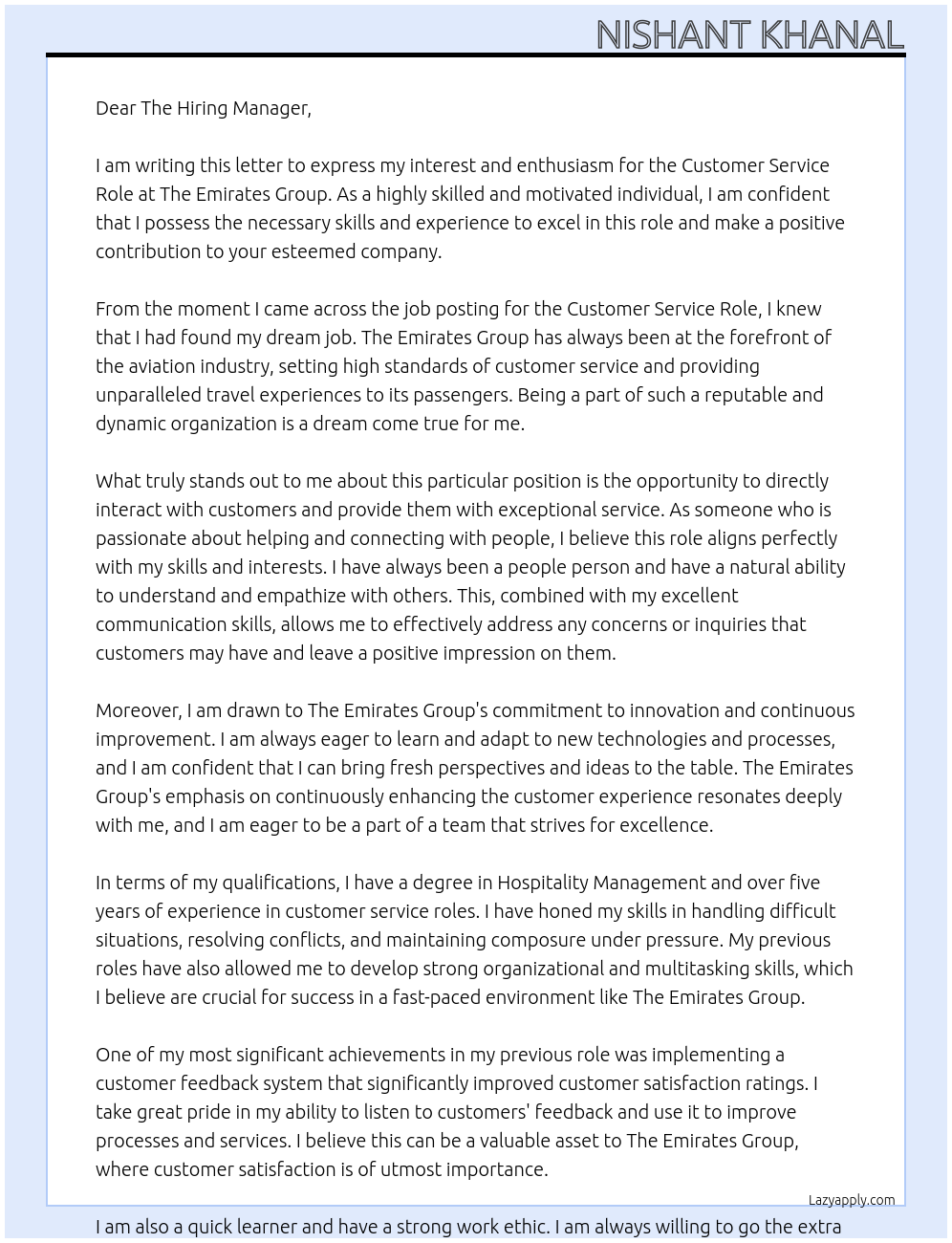 Customer Service Role At The Emirates group Cover Letter