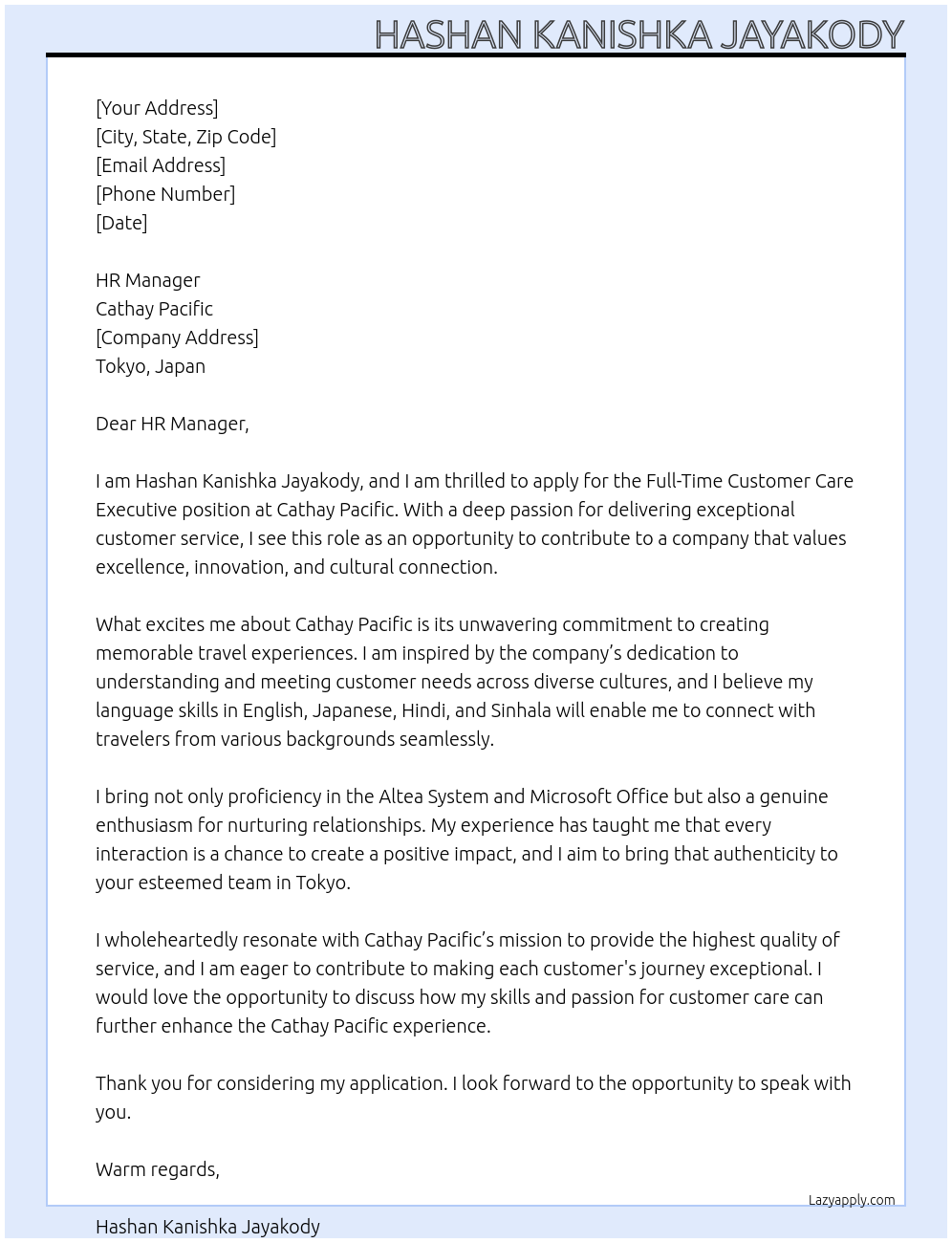 Customer Care Executive At Cathay Pacific Cover Letter