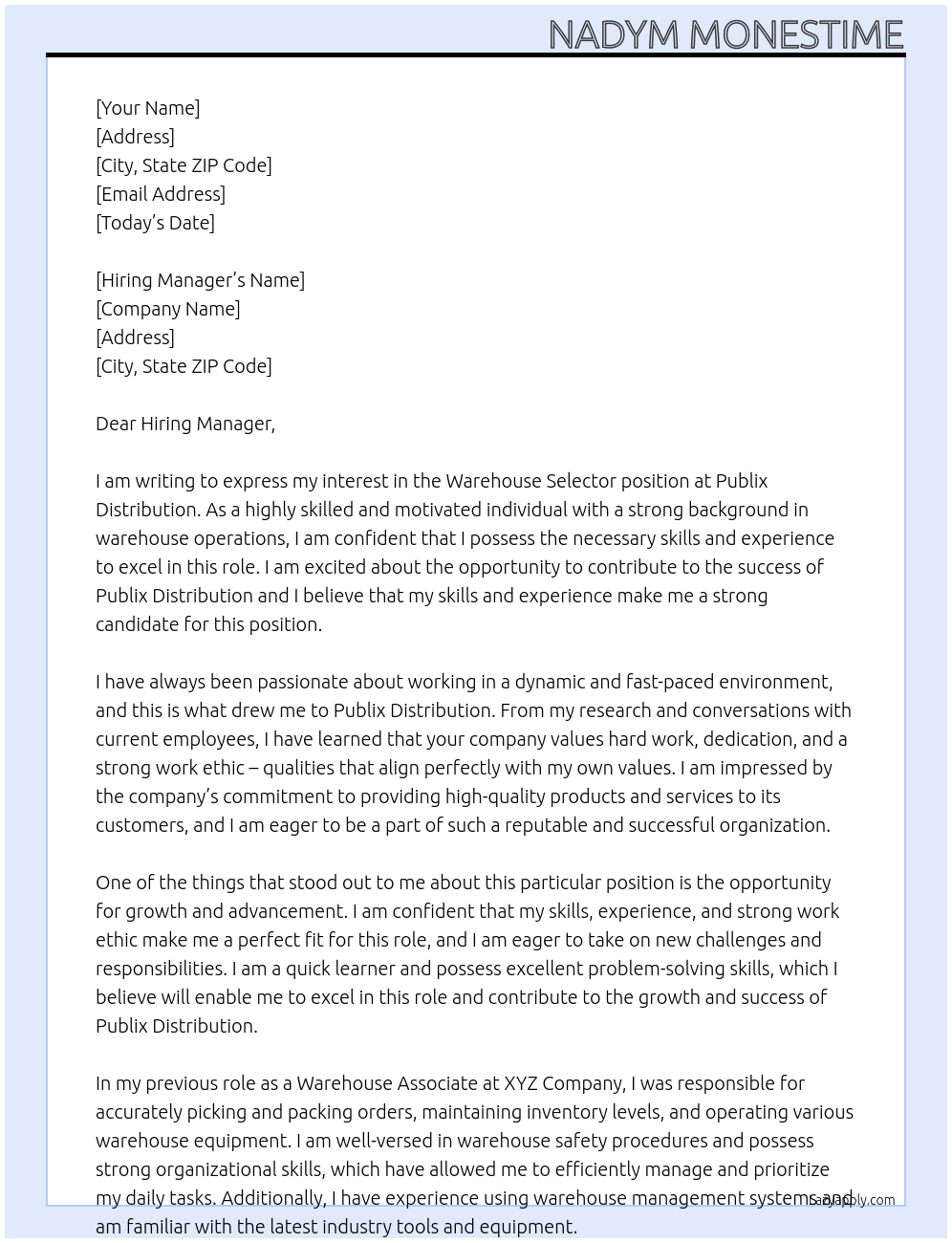 Warehouse Selector At Publix Distribution Cover Letter