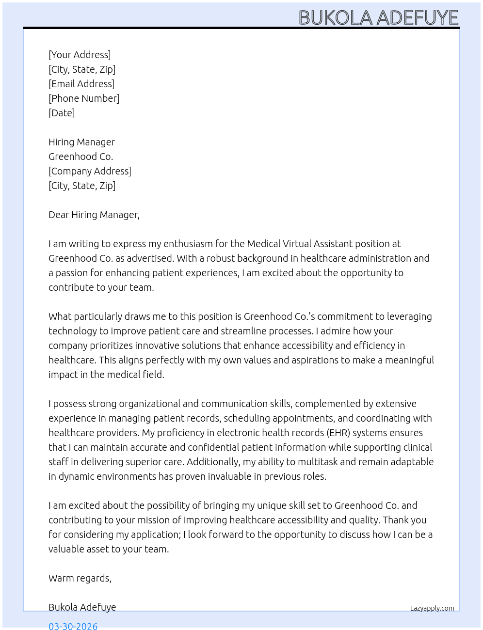 Cover letter for medical virtual assistant - LazyApply