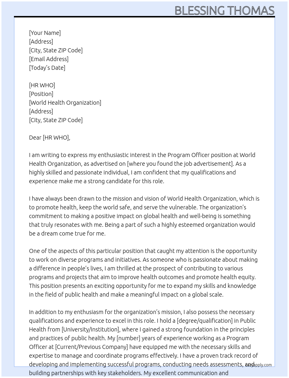 Program officer At World Health Organization Cover Letter