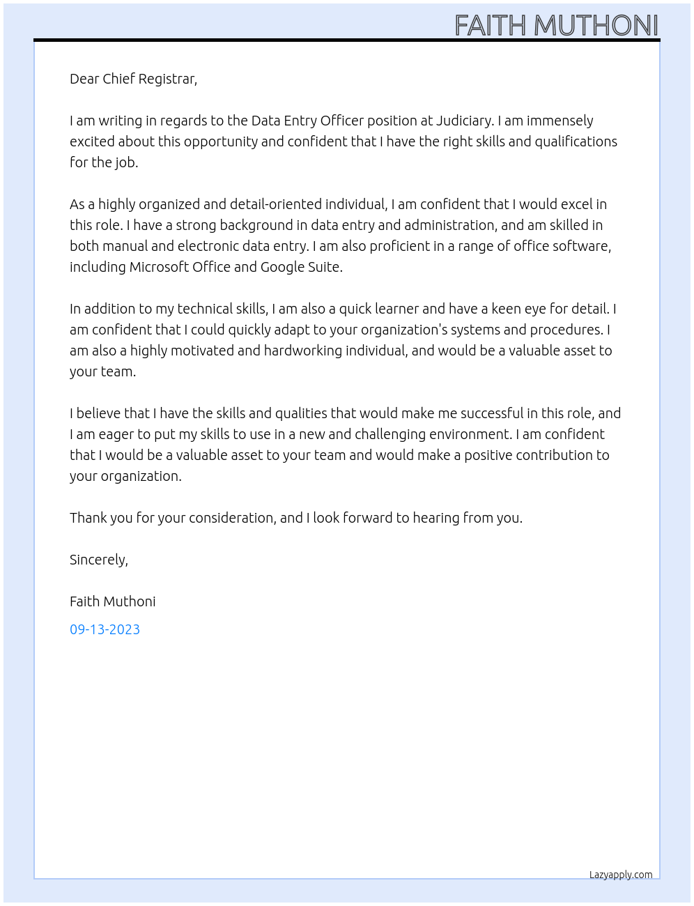 Data entry officer At Judiciary Cover Letter