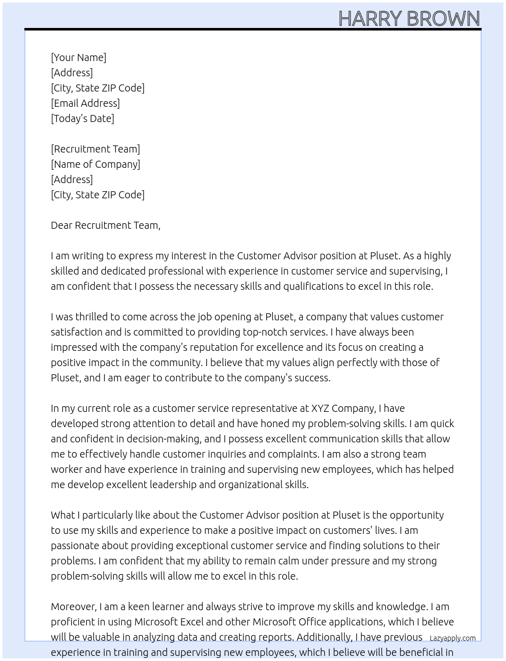 Customer Advisor At Pluset Cover Letter
