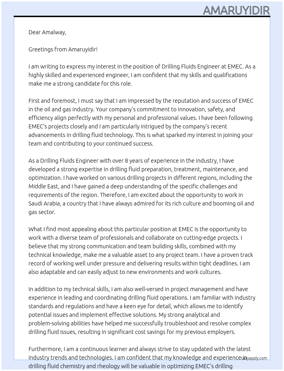 Drilling fluids engineer At EMEC Cover Letter