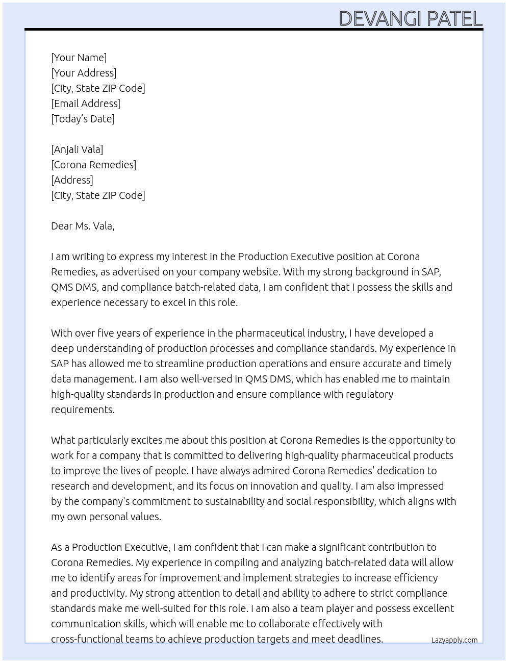 Production- Executive At Corona remedies Cover Letter