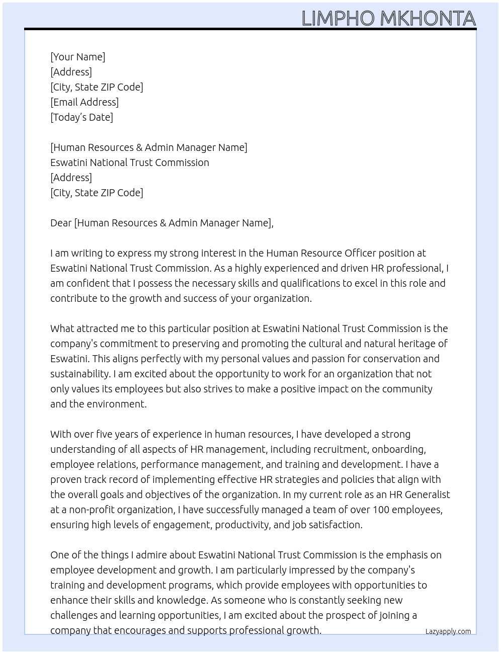 Human Resource Officer At Eswatini National Trust Commission Cover Letter