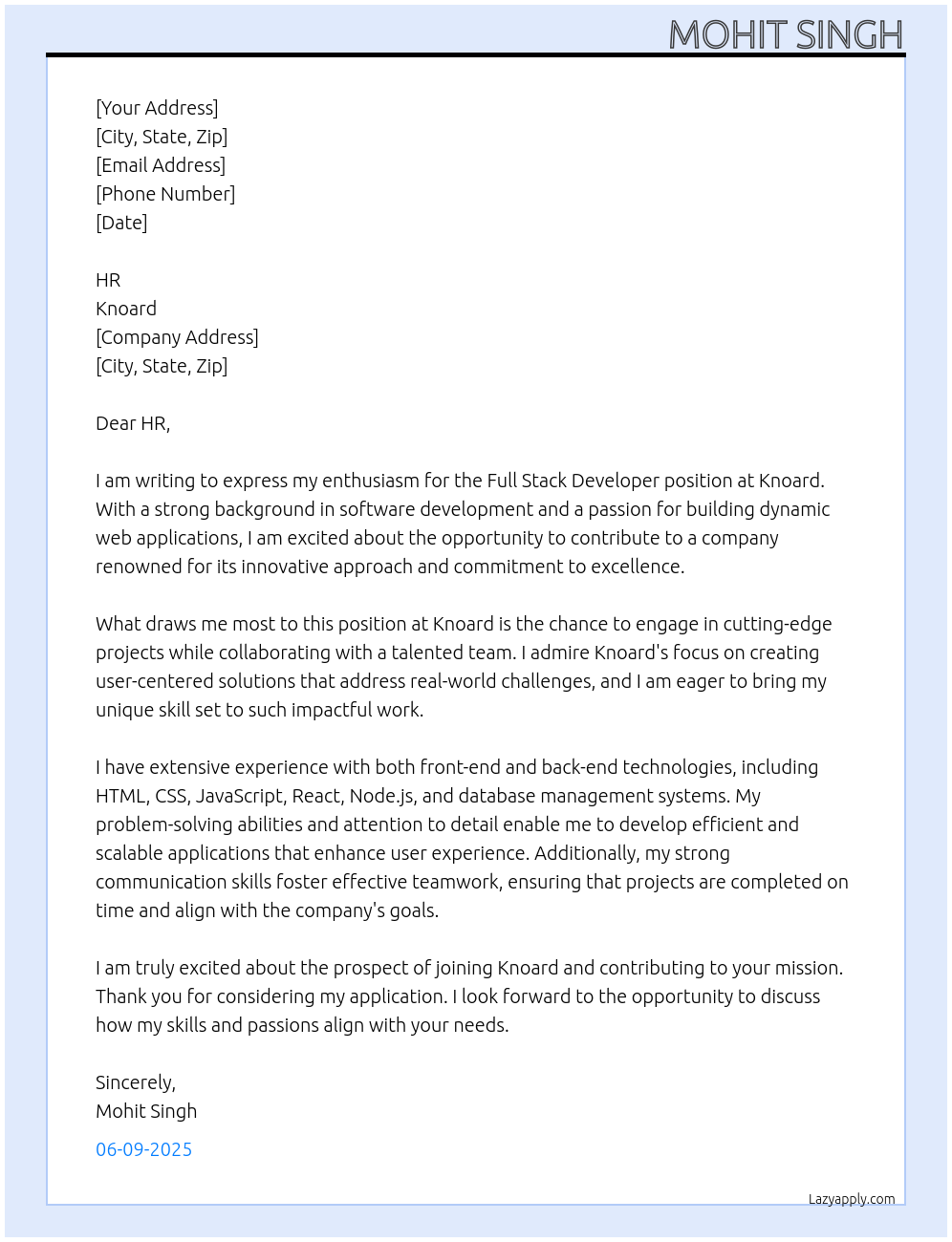 full stack developer At knoard Cover Letter