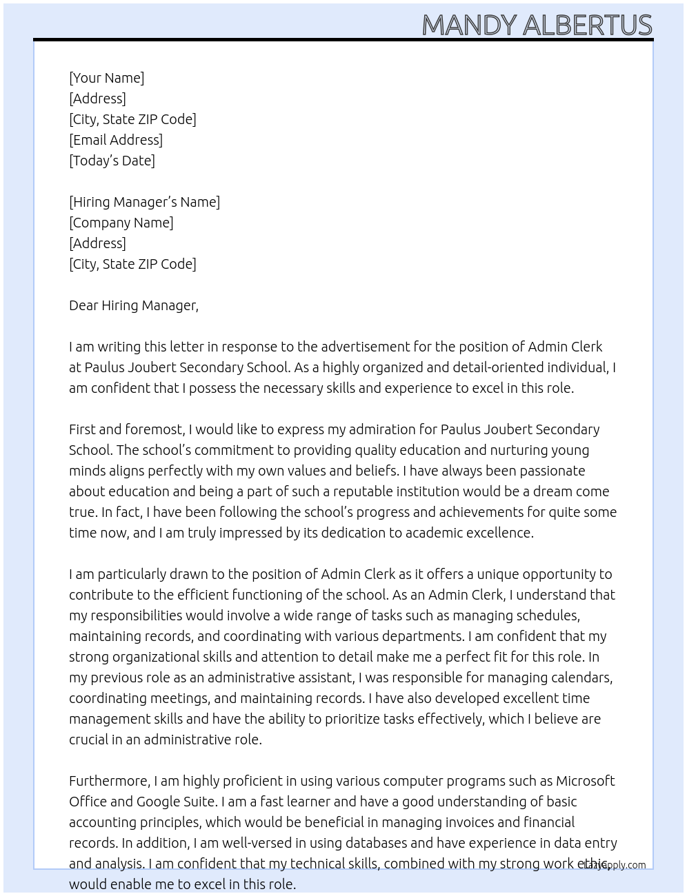 Admin Clerk At Paulus Joubert Secondary School Cover Letter