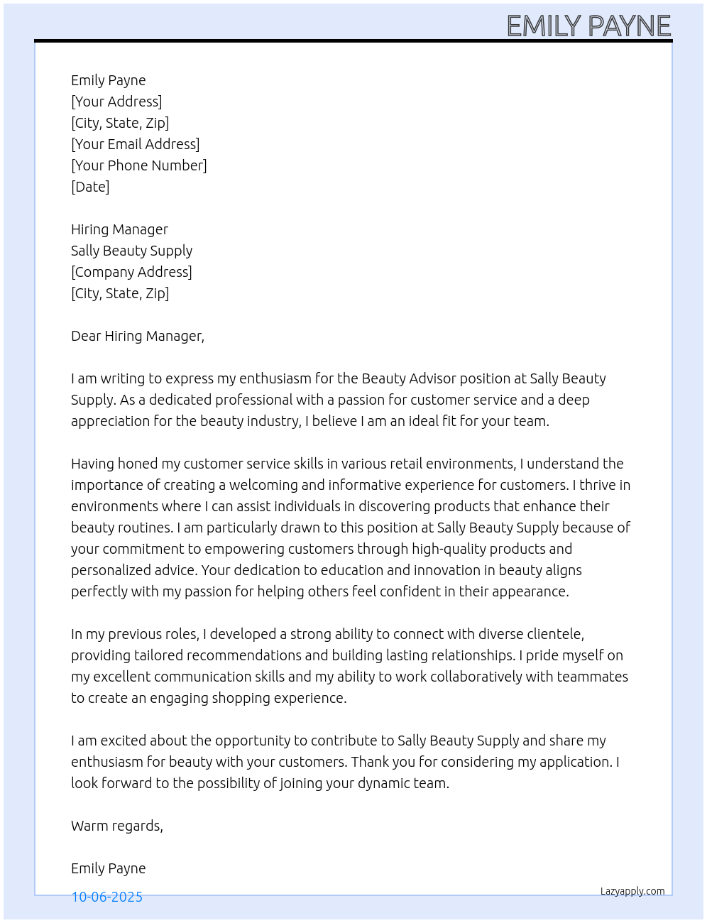 Beauty Advisor At Sally Beauty Supply Cover Letter