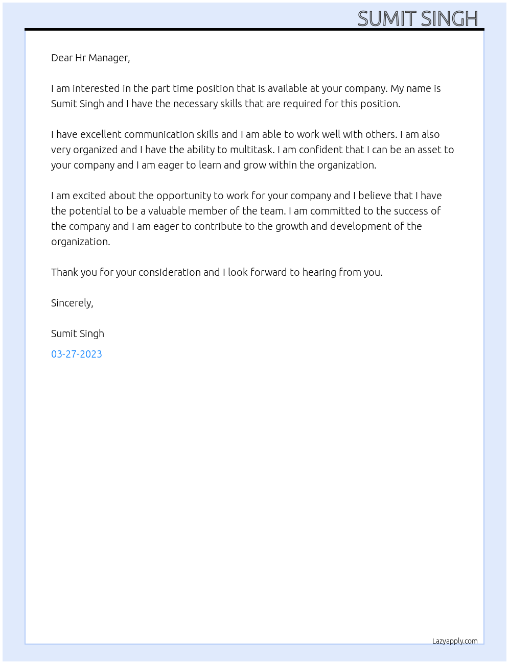 Part time At Recruiter Cover Letter