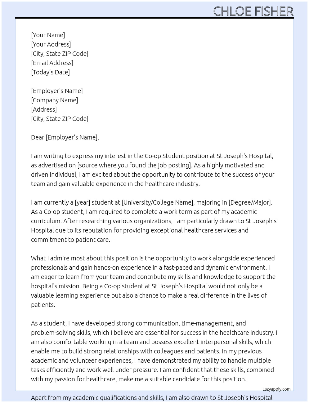 Co-op student At St Josephs hospital Cover Letter