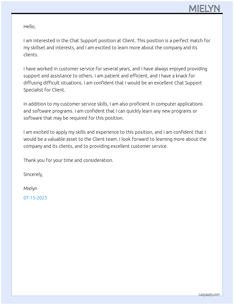 chat support At client Cover Letter